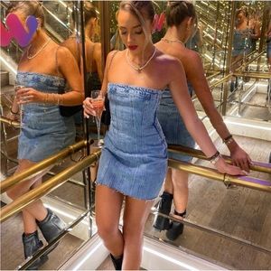 Zara light blue strapless denim dress